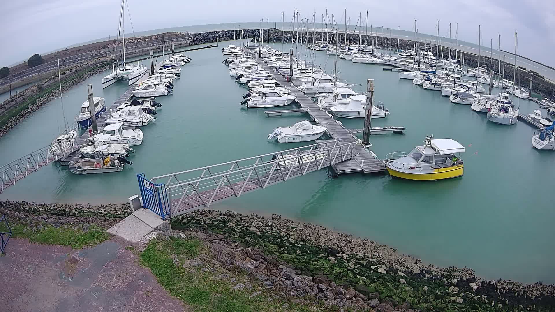 A marina filled with numerous boats of various sizes, moored alongside docks, on a cloudy day.