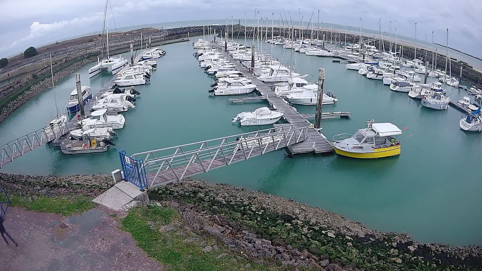 A marina filled with numerous sailboats and motorboats is nestled in a calm, teal-colored harbor under an overcast sky.
