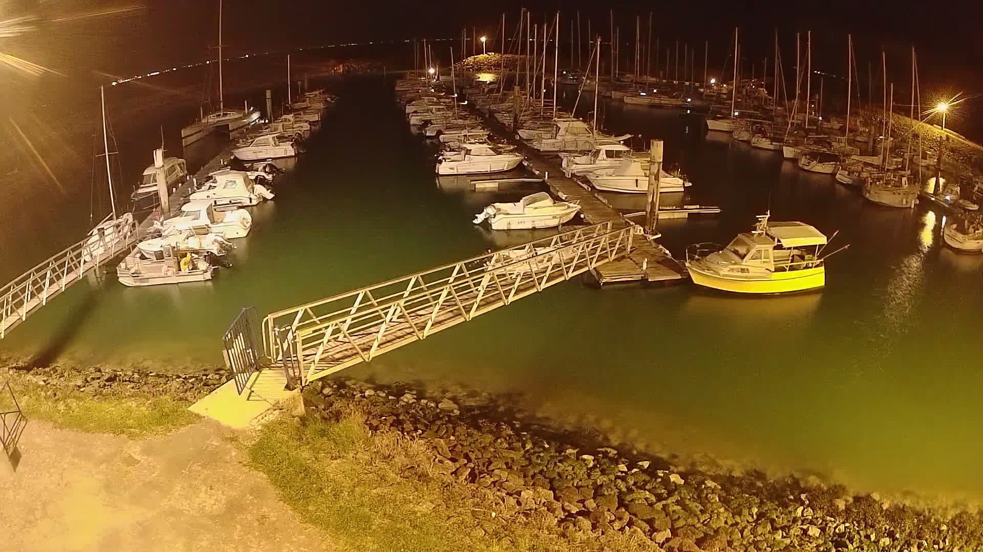 A marina at night, filled with numerous boats moored along docks, is illuminated by artificial lights.
