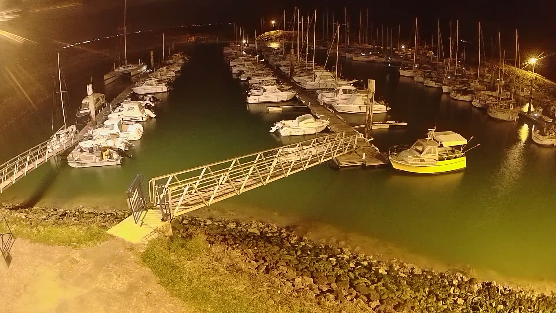A marina at night, filled with numerous boats docked along piers, illuminated by artificial lights, with calm, greenish-colored water.