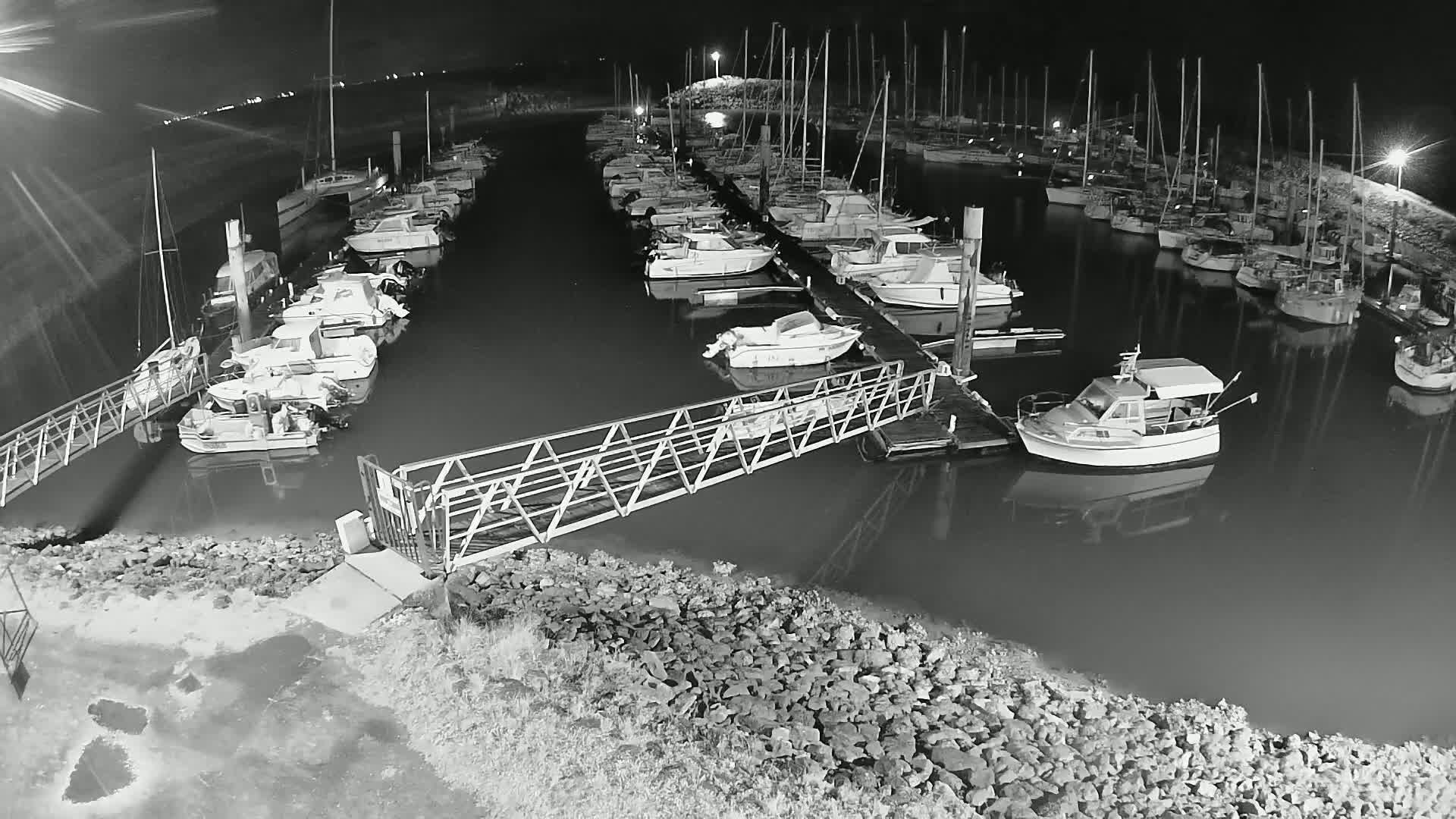 A marina at night, filled with numerous boats moored alongside docks and walkways, under a dark sky.