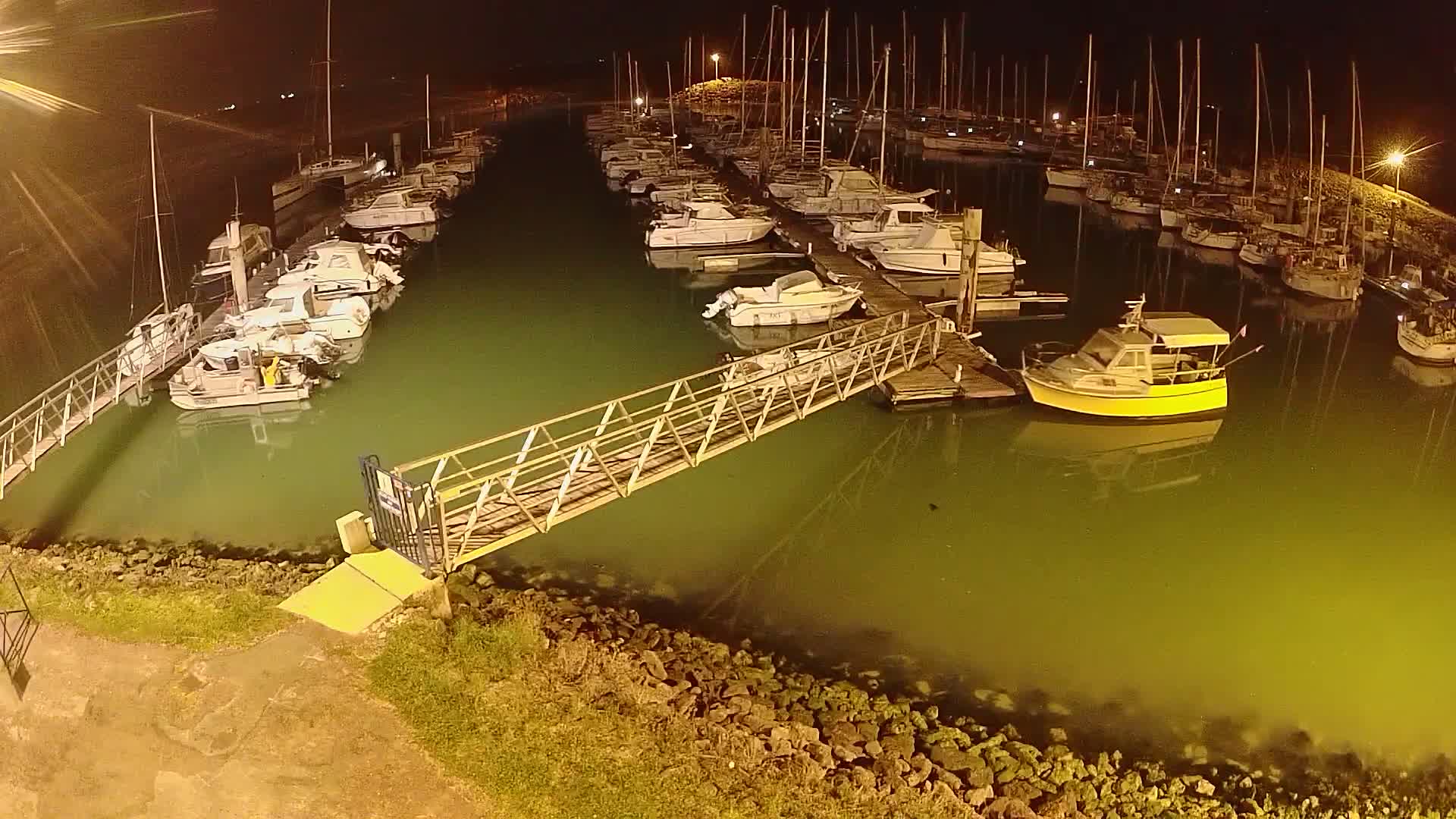 A marina at night with numerous boats docked, illuminated by artificial lights, in calm, greenish water.