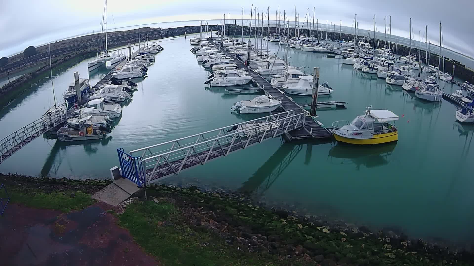 A marina filled with numerous boats on a cloudy day, with calm, teal-colored water.