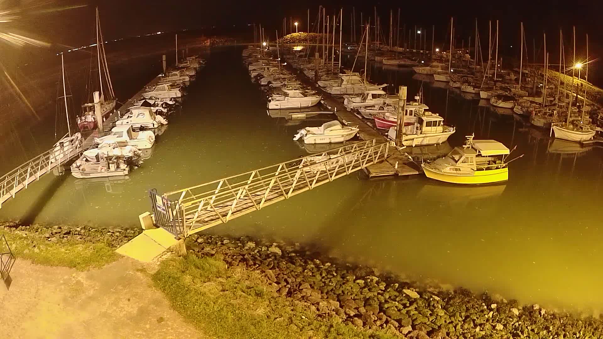 A marina at night, filled with numerous boats moored along docks, is illuminated, with a metal walkway extending from the shore to the boats, and the water appearing murky yellow-green.