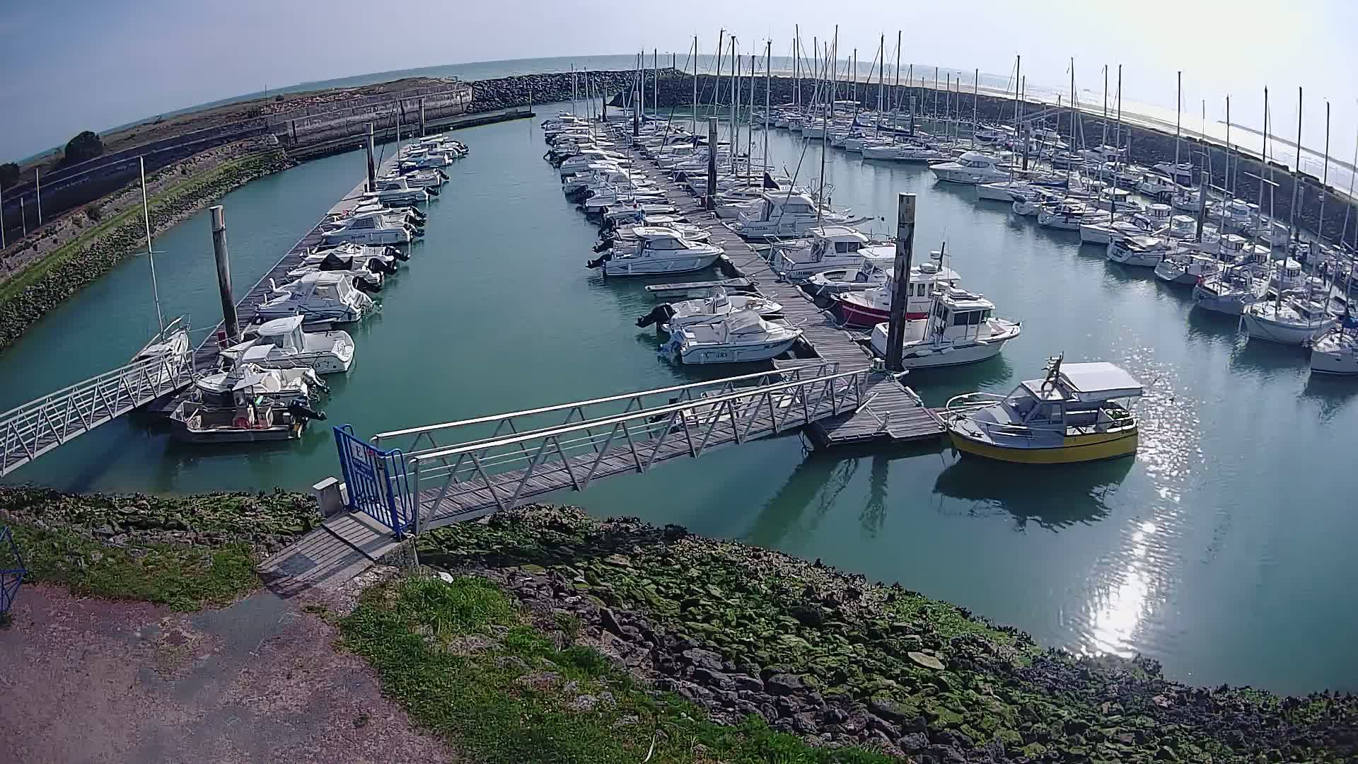 A marina filled with numerous boats on a sunny day, with a walkway leading to a dock.