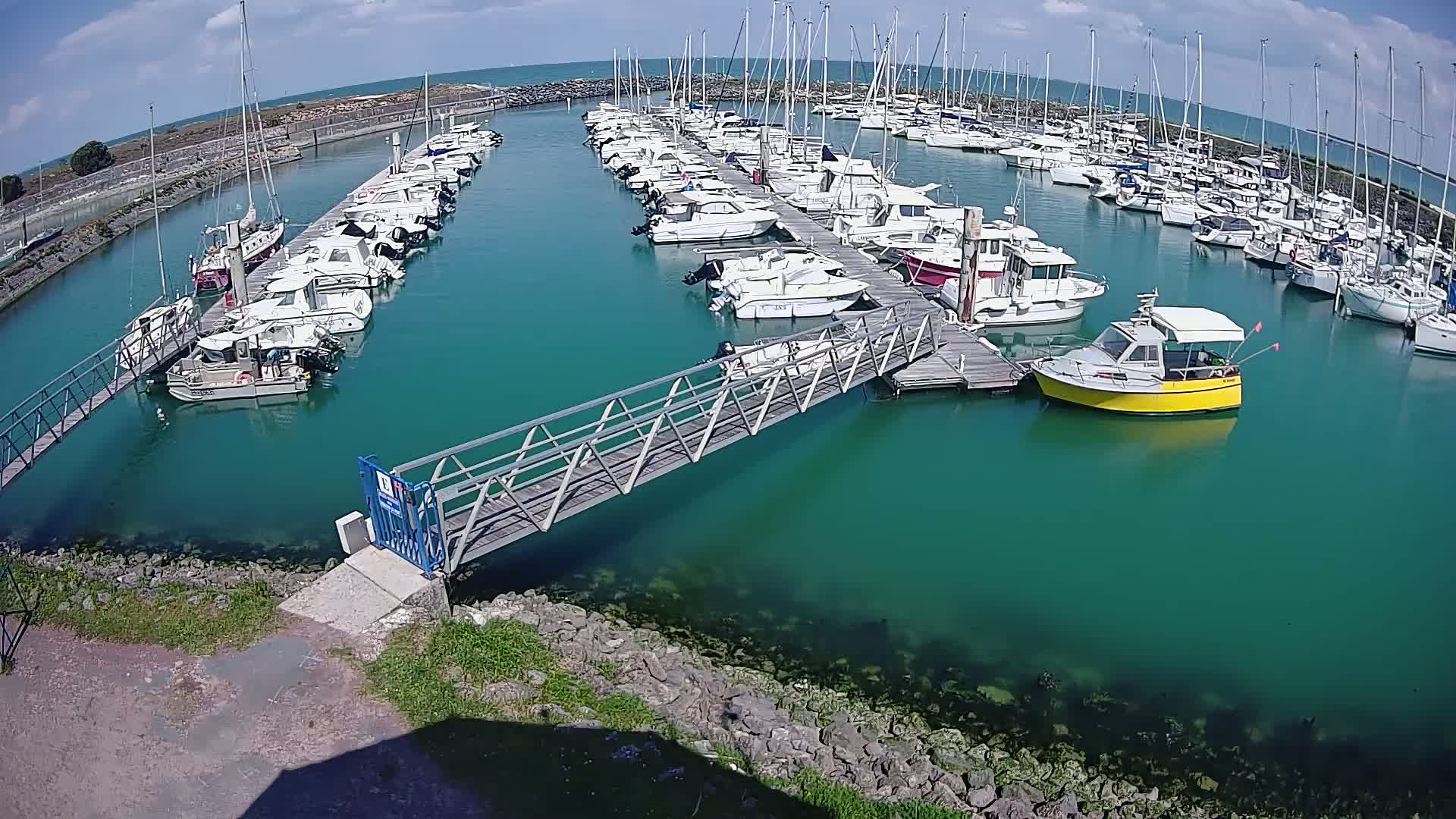 A marina filled with numerous boats of various sizes, docked along piers and in the teal-colored water under a mostly sunny sky.