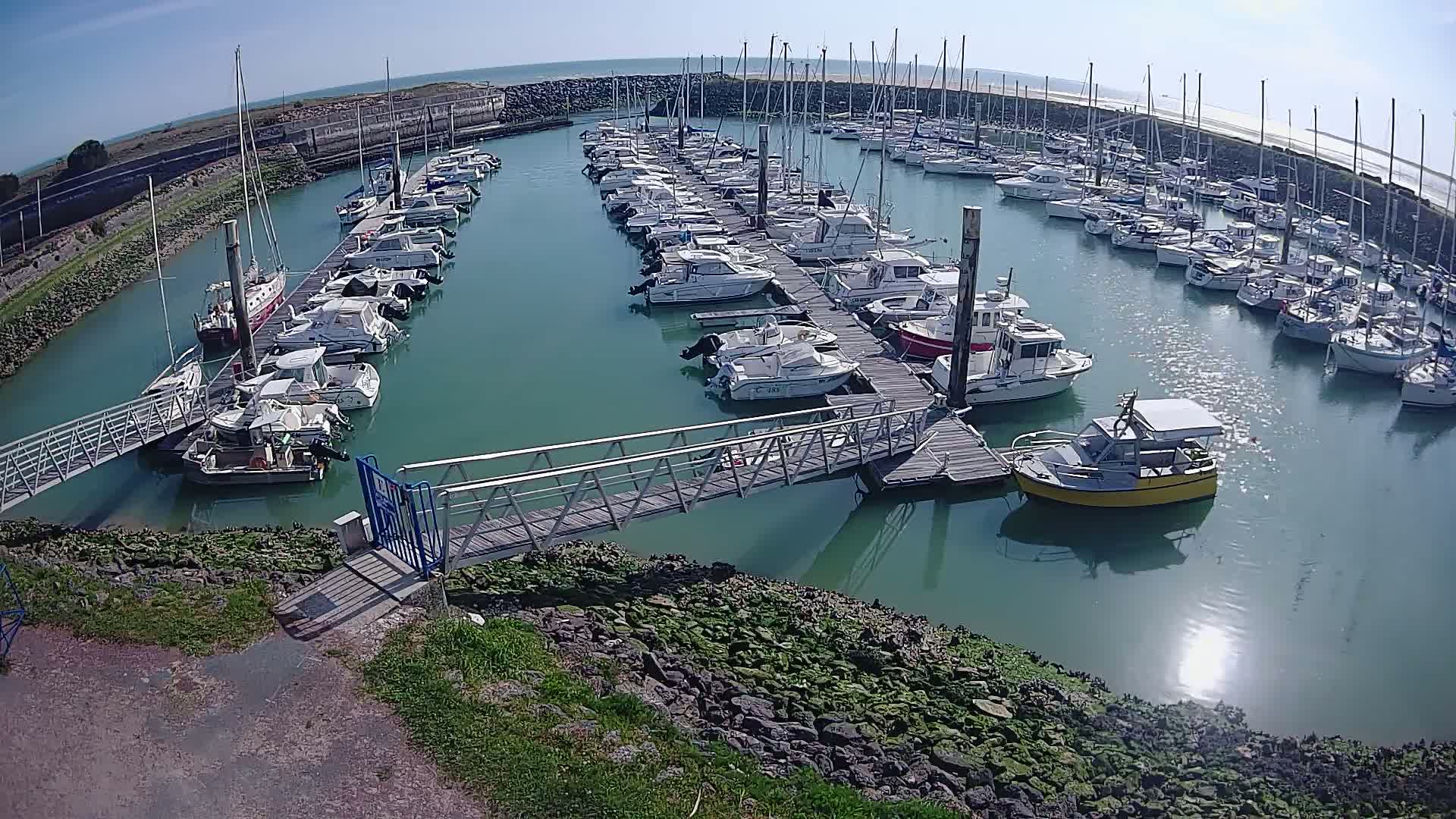 A marina filled with numerous boats on a sunny day, with a metal walkway leading to a dock.