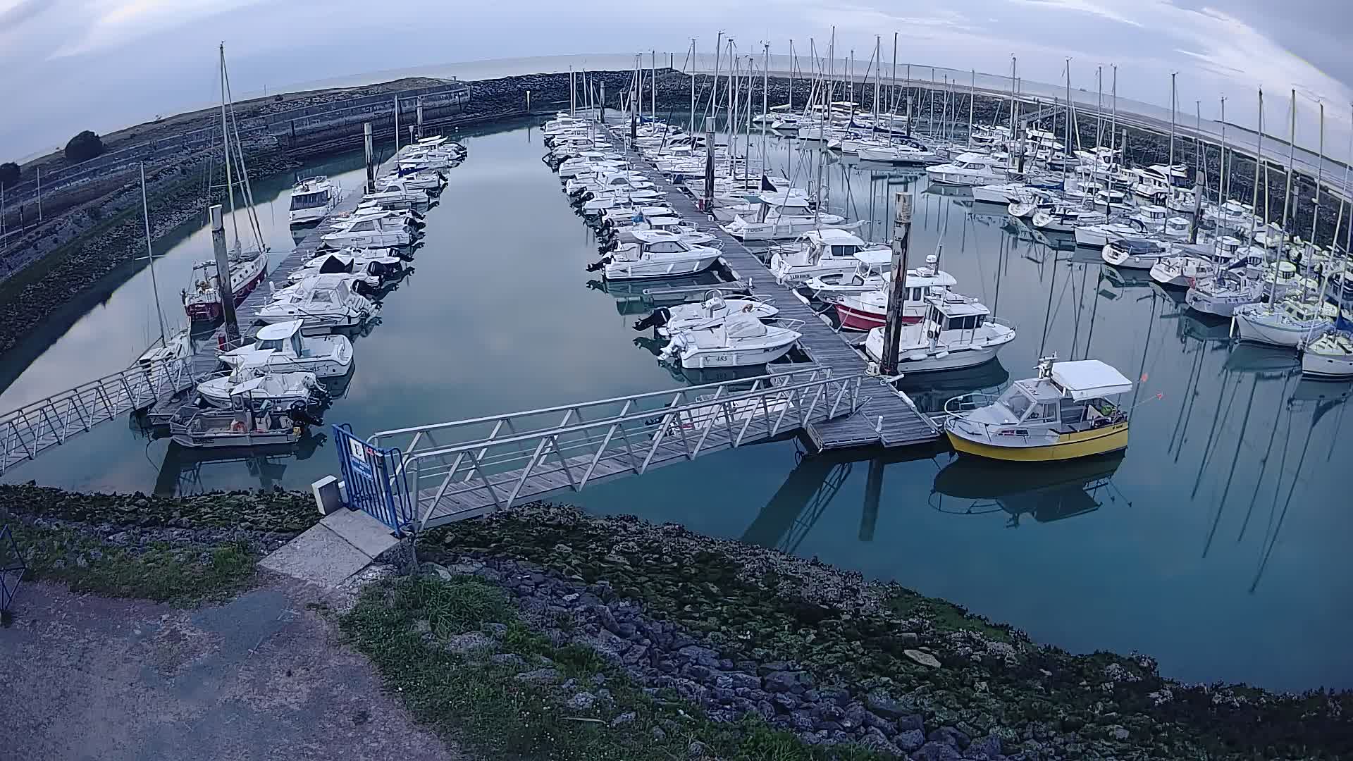 Many boats are docked at a marina on a calm, overcast day.