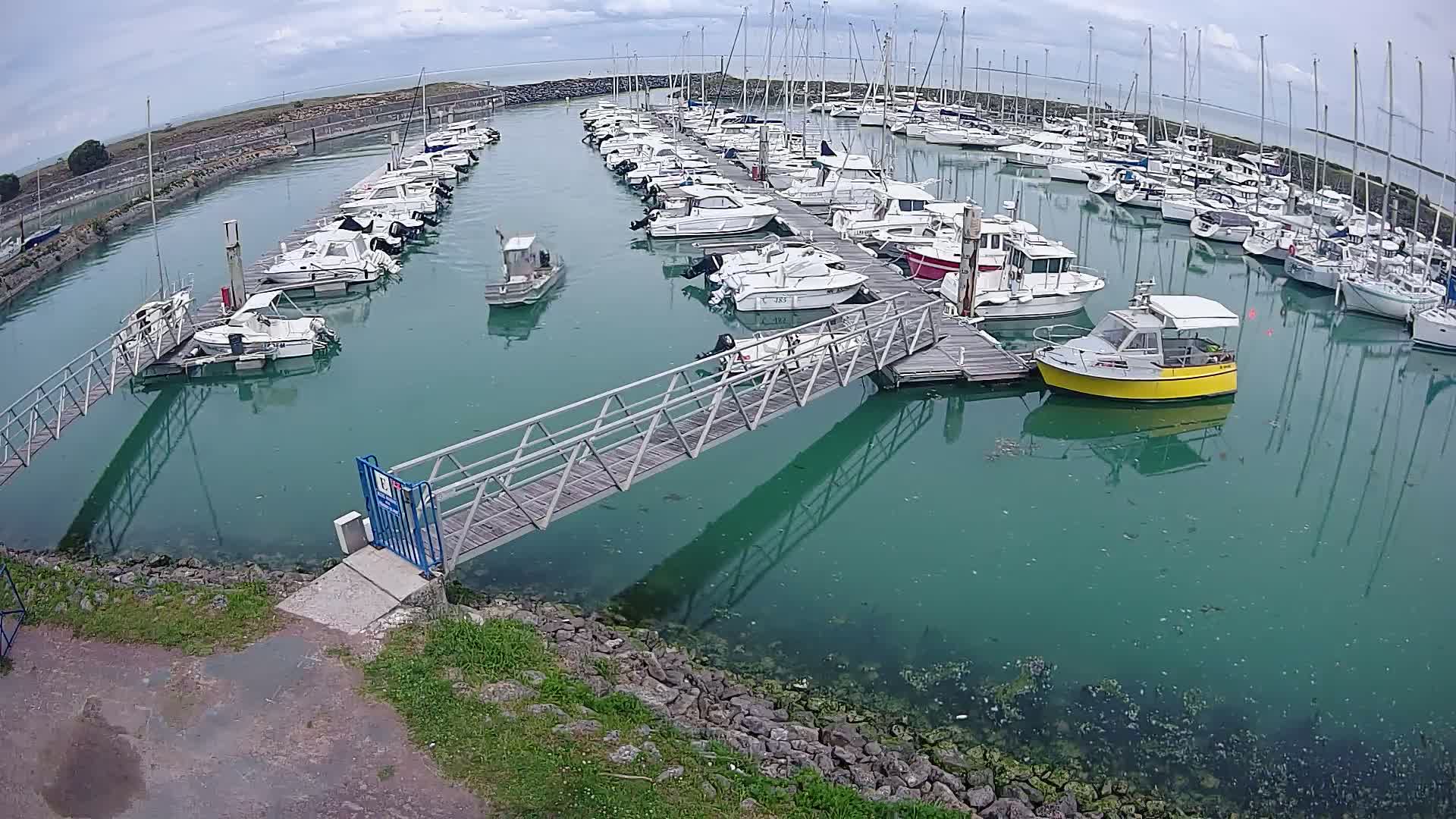 A marina filled with numerous boats under a partly cloudy sky shows teal-colored water.