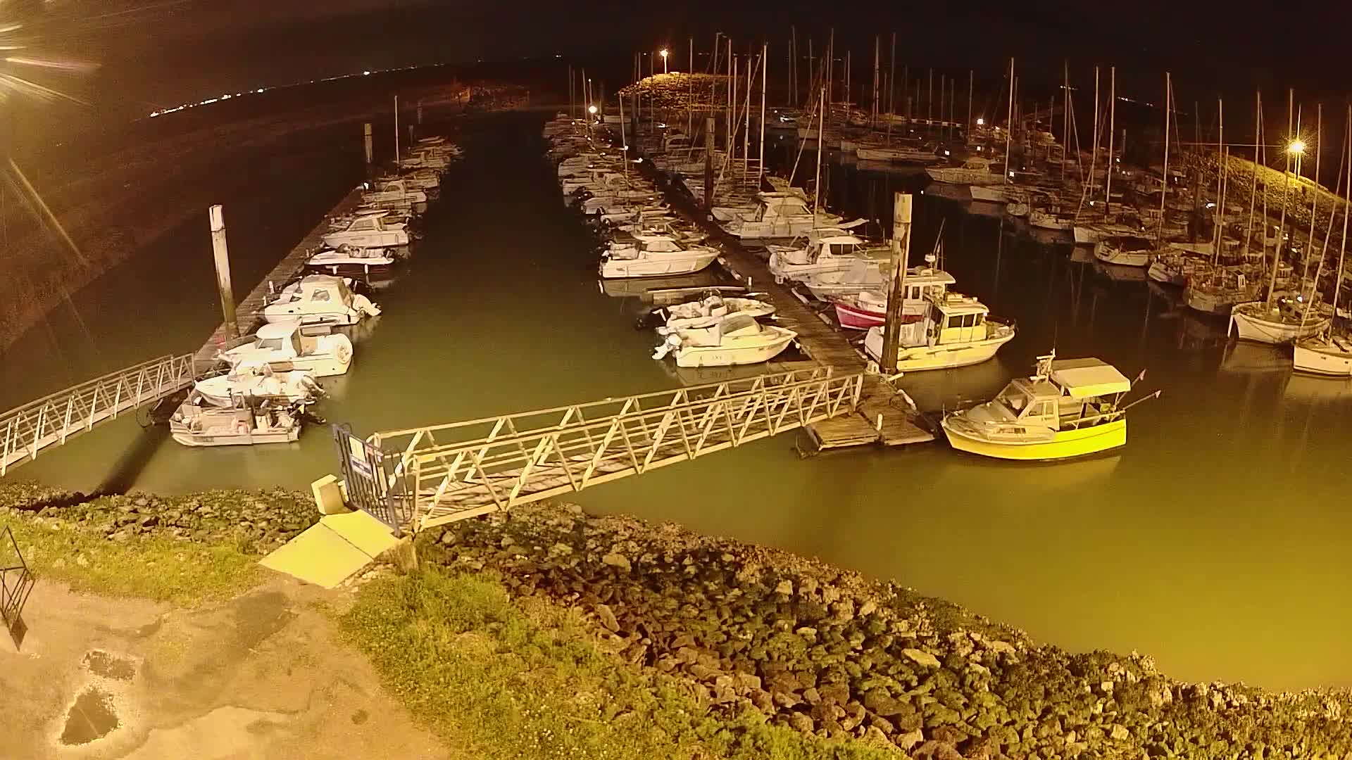 A marina at night, filled with numerous boats docked along several piers, is lit by artificial light.