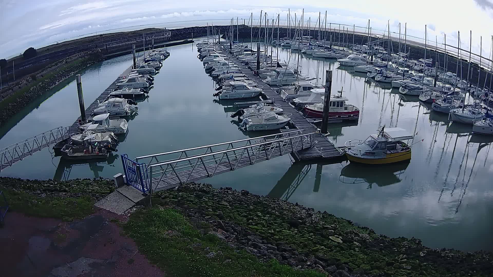A calm marina filled with numerous boats under a cloudy sky.