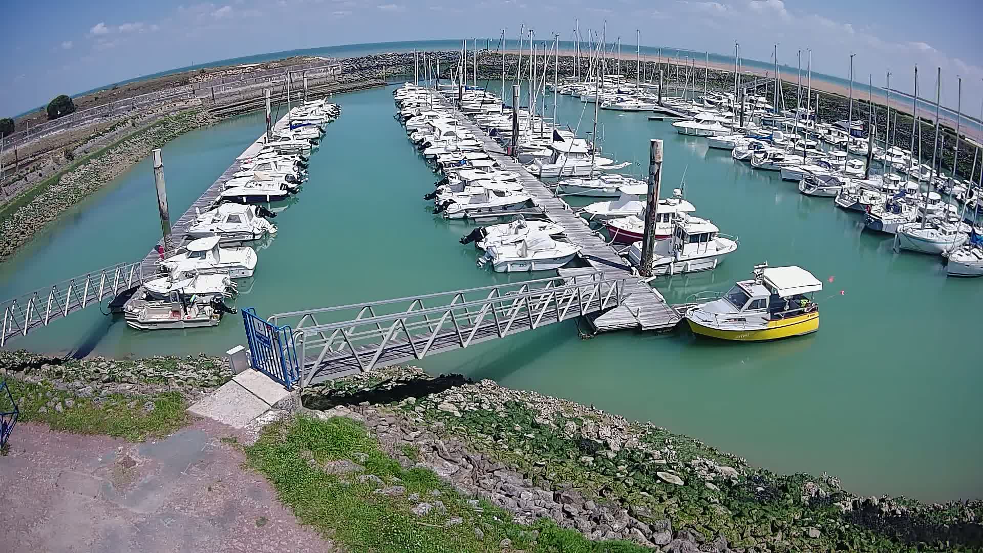 A marina filled with numerous boats of varying sizes, under a mostly sunny sky, is viewed from an elevated perspective.