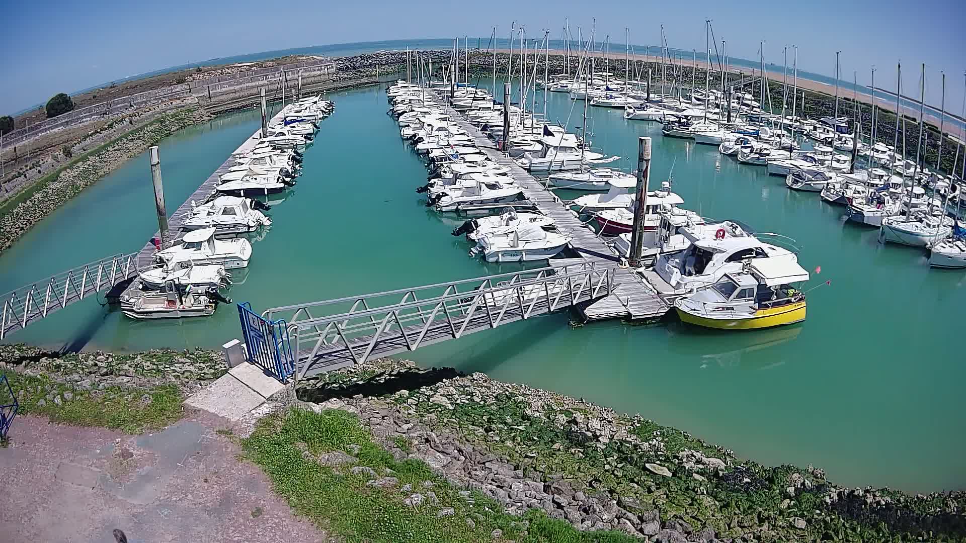 A marina filled with numerous boats on a sunny day, featuring turquoise water and a metal walkway leading to a dock.