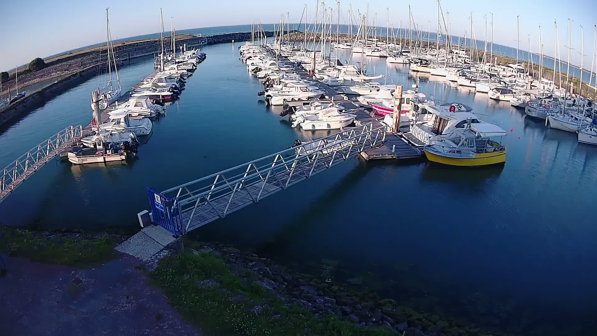 A marina filled with numerous boats and yachts on a calm, sunny day, connected by a metal walkway.
