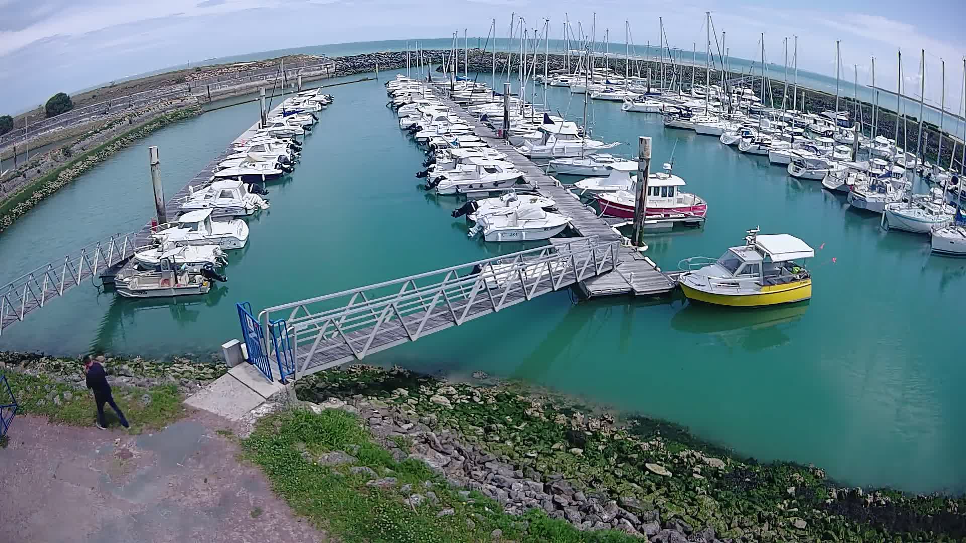A marina filled with numerous boats of various sizes and colors is seen under a partly cloudy sky; a pedestrian walkway leads to a dock.