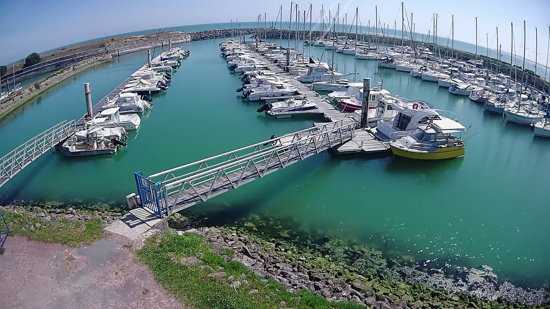 A marina filled with numerous boats and sailboats on a sunny day, with teal-colored water and a metal walkway leading to a dock.