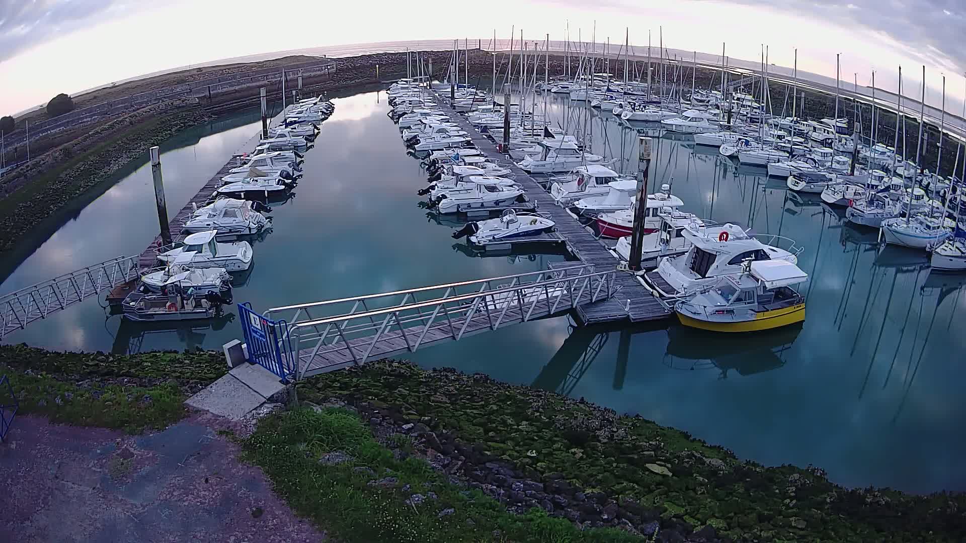 A calm marina filled with numerous boats of various sizes, moored along wooden docks under an overcast sky.