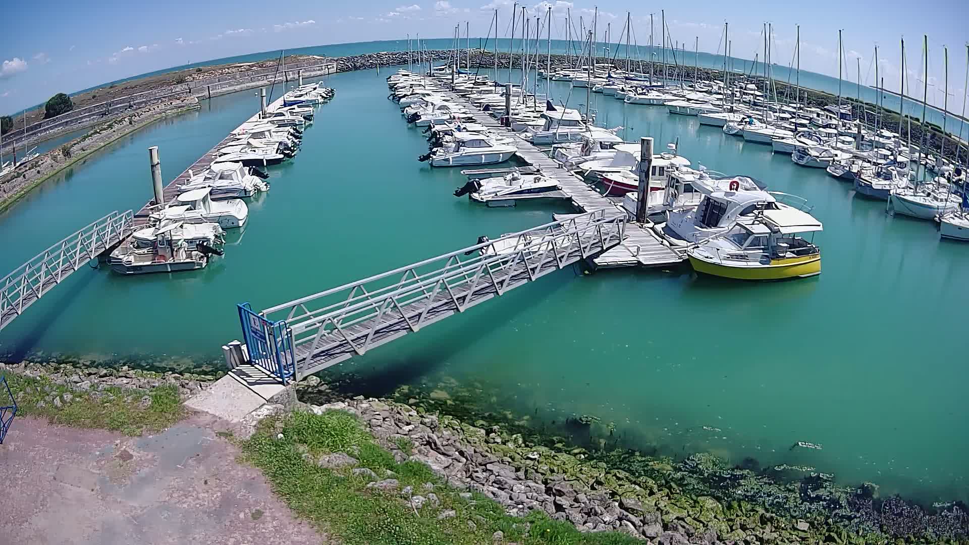 A marina filled with numerous sailboats and motorboats is situated in clear, teal water on a sunny day.