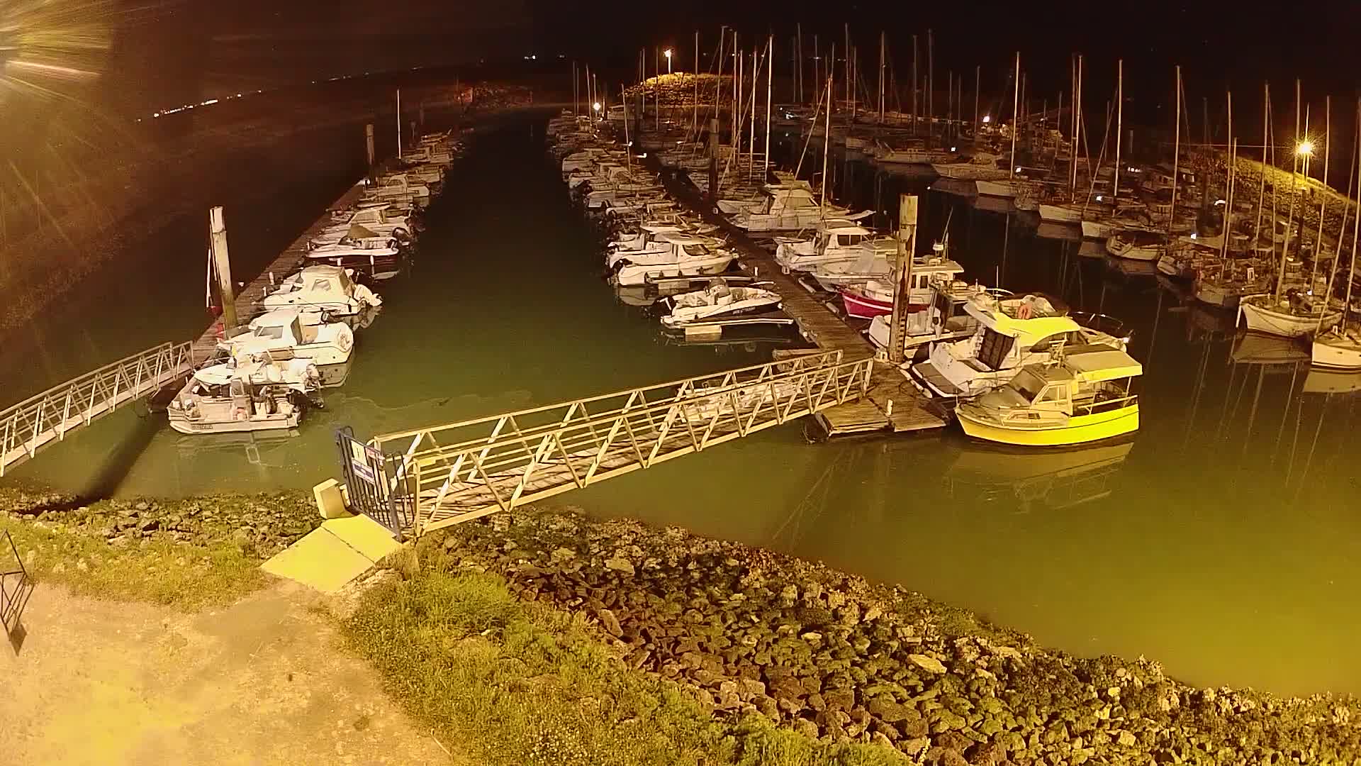 A marina at night, filled with numerous boats docked along piers, illuminated by artificial lights, with calm, greenish water.