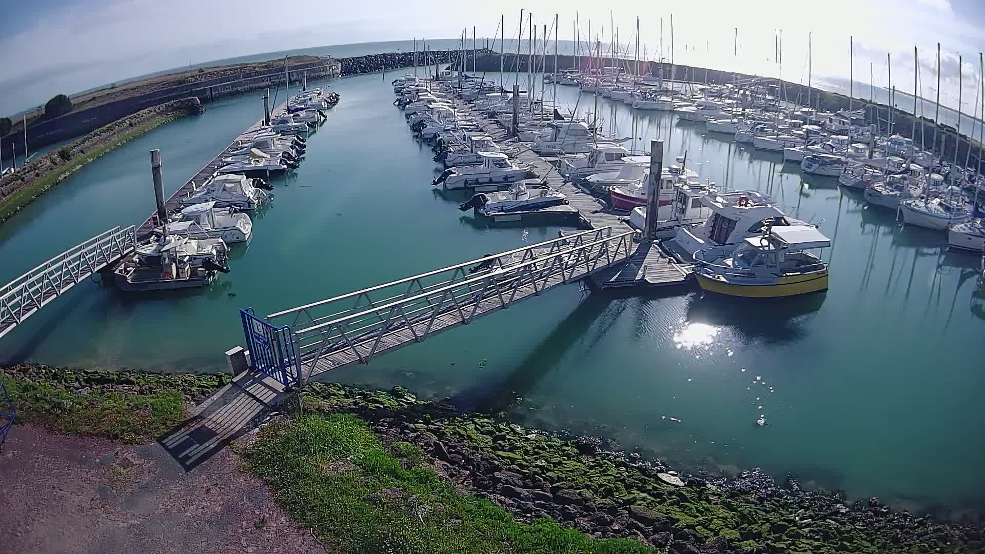 A marina filled with numerous sailboats and motorboats on a sunny day, with a metal walkway leading to a dock.