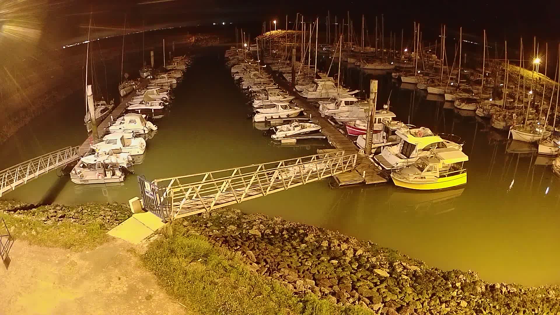 A marina at night, filled with numerous boats docked along piers, is illuminated by artificial lights.