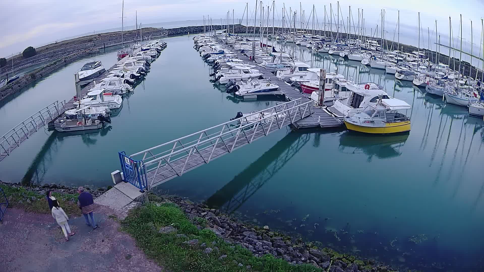 A marina filled with numerous sailboats and motorboats under an overcast sky, with a metal footbridge leading to a dock where two people stand.