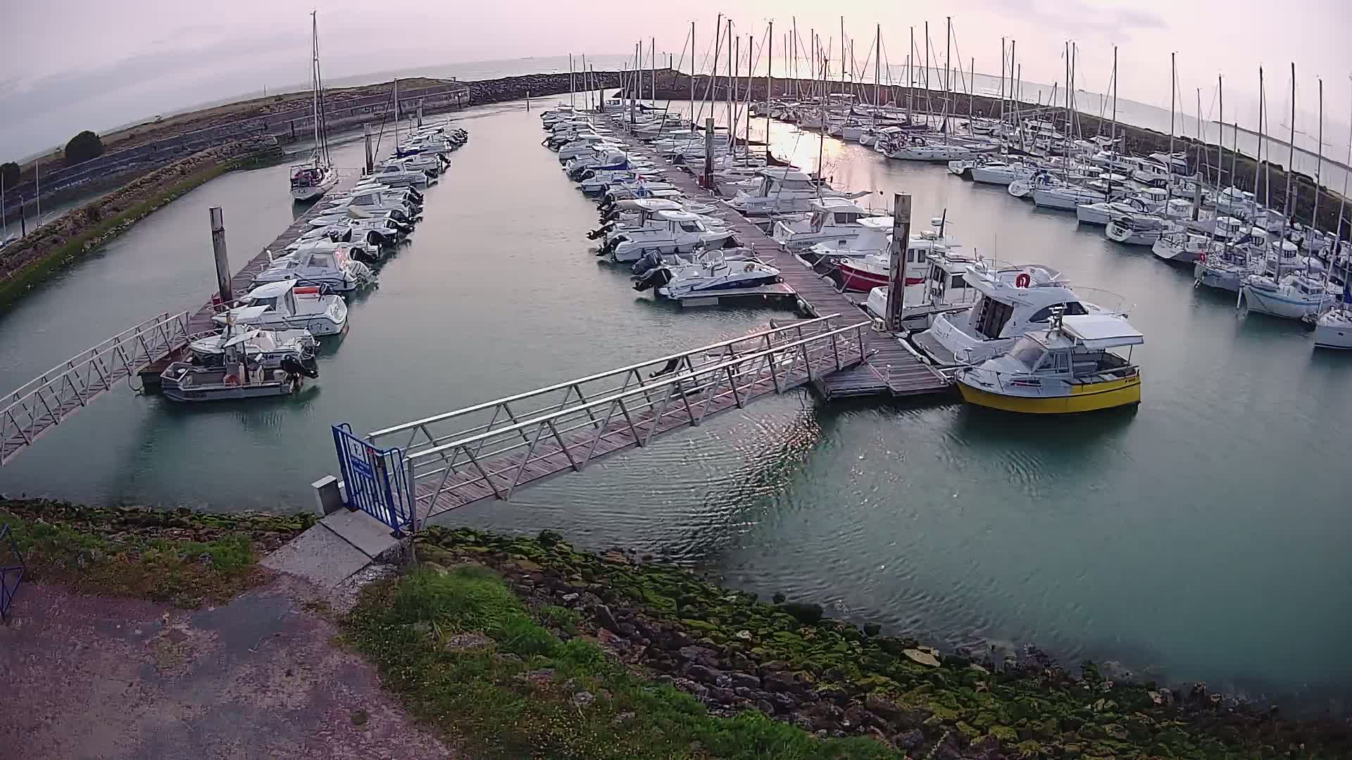 A marina filled with numerous sailboats and motorboats under an overcast sky.