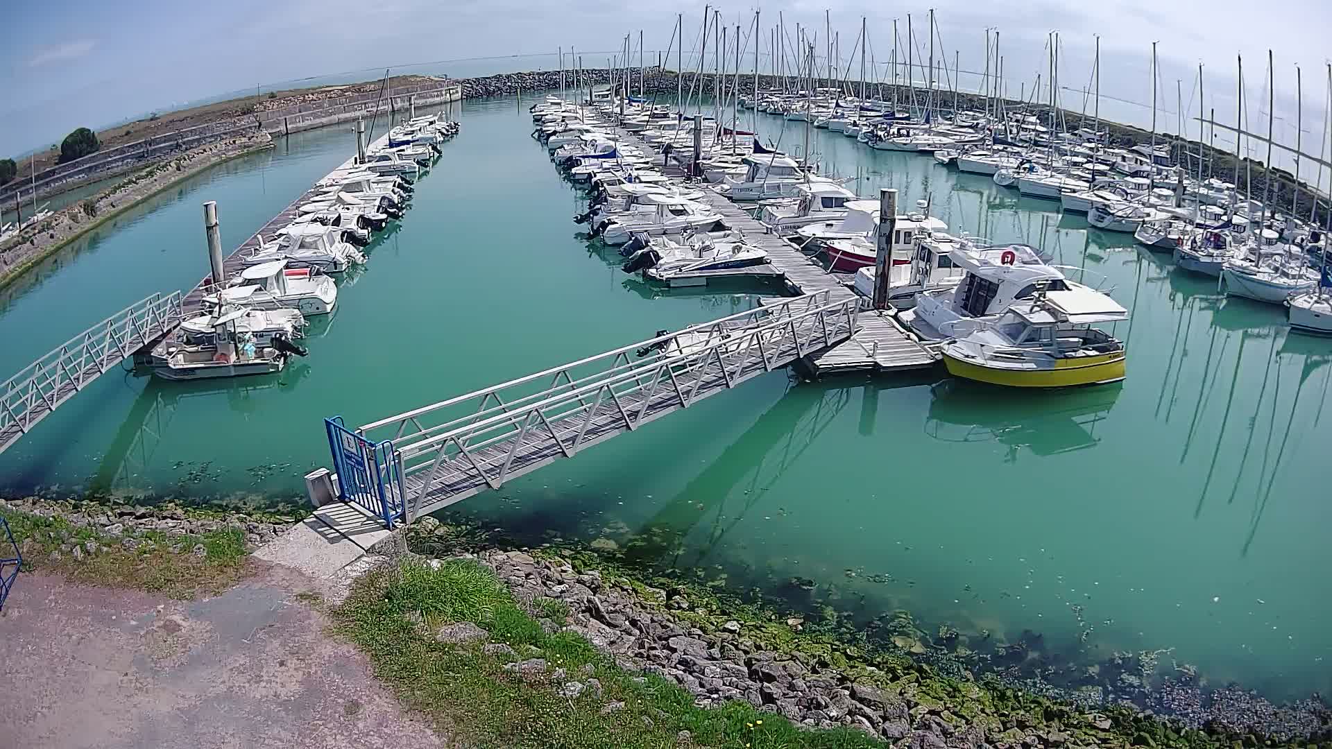 A marina filled with sailboats and motorboats on a sunny day, with a metal walkway leading to a dock.