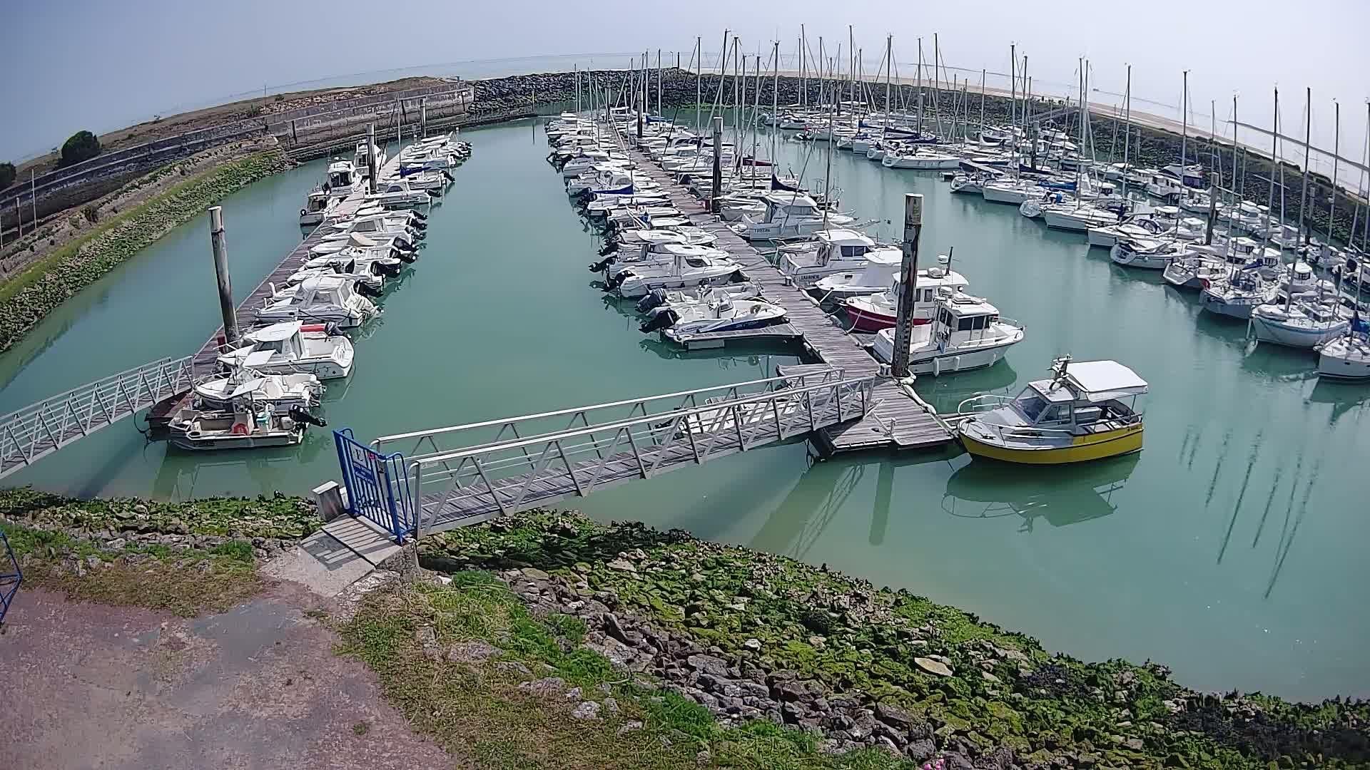 A marina filled with numerous boats of varying sizes, docked along wooden piers in calm, teal-colored water under a clear, sunny sky.