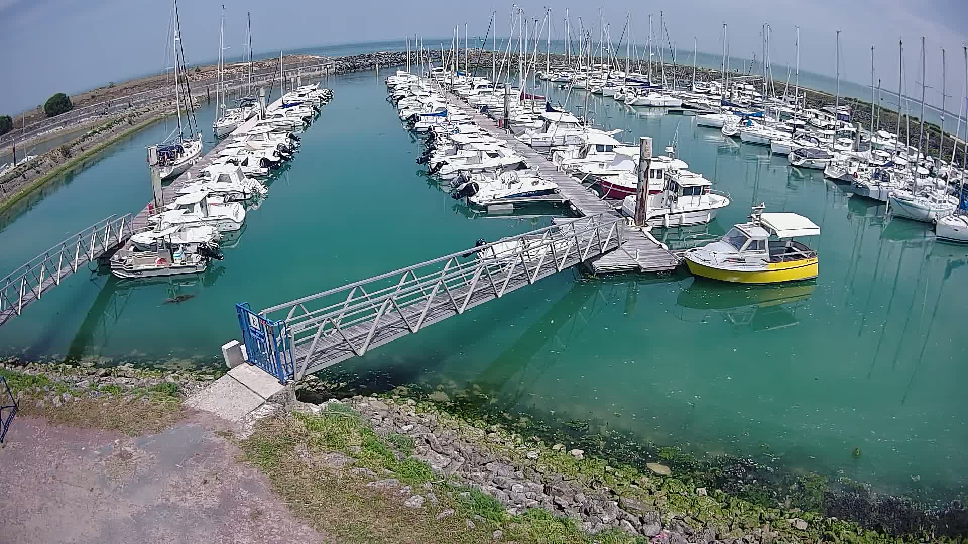 A marina filled with numerous sailboats and motorboats on a sunny day, connected by a metal footbridge.