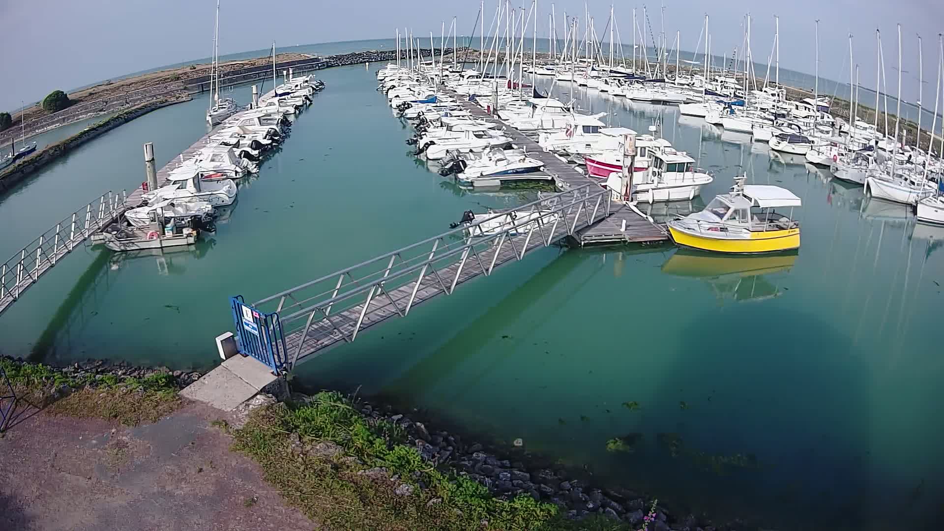 A marina filled with numerous boats and yachts on a calm, sunny day, connected by a metal walkway.