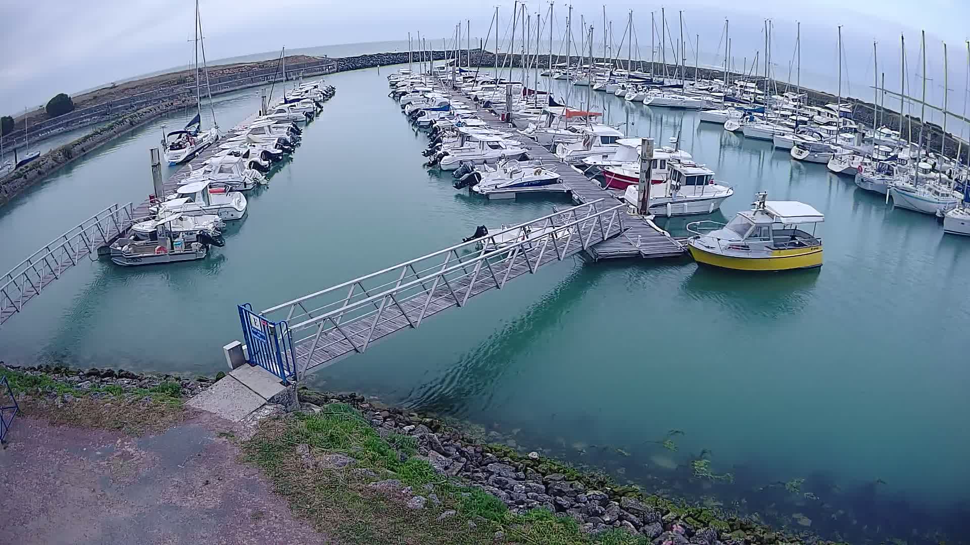 A marina filled with numerous boats of various sizes is seen under an overcast sky, with a metal walkway extending from the shore to a dock.