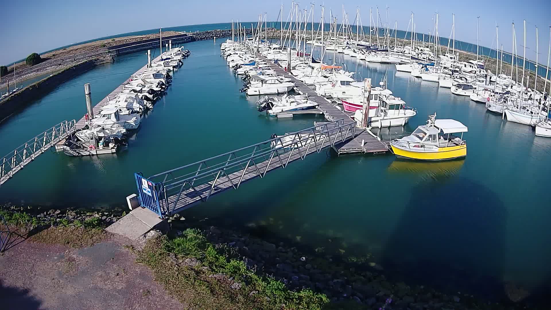 A marina filled with numerous boats of varying sizes on a sunny day, connected by a metal walkway.