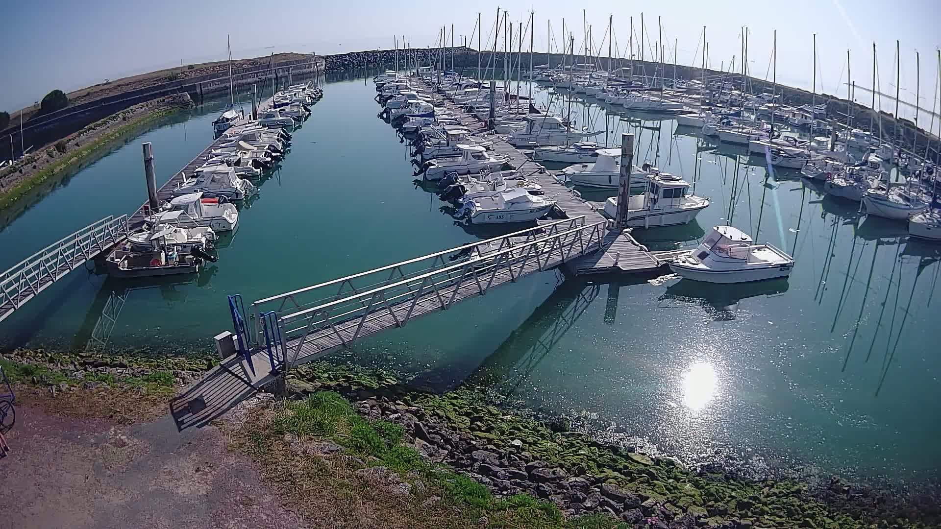 A marina filled with numerous boats on a sunny day, with a metal walkway leading to a dock.