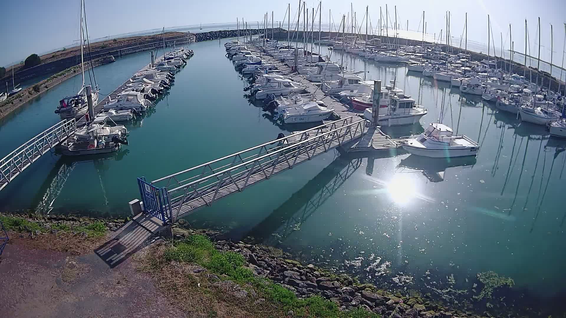 A marina filled with numerous boats on a sunny day, connected by a metal walkway.