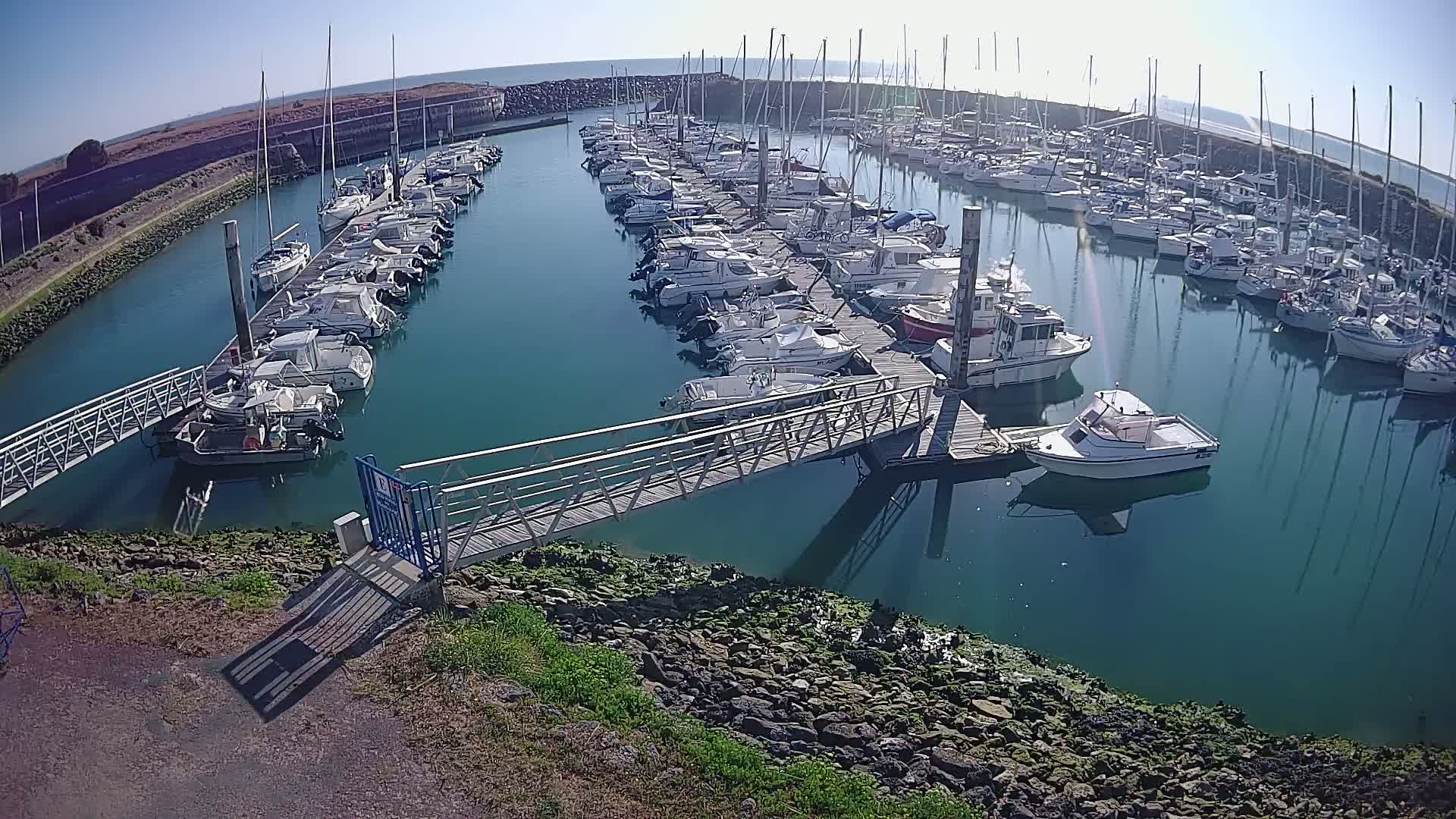 A marina filled with numerous boats on a sunny day, with a metal walkway leading to a dock.