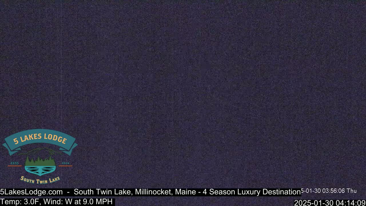 A dark purple-blue screen shows a logo for 5 Lakes Lodge at South Twin Lake.