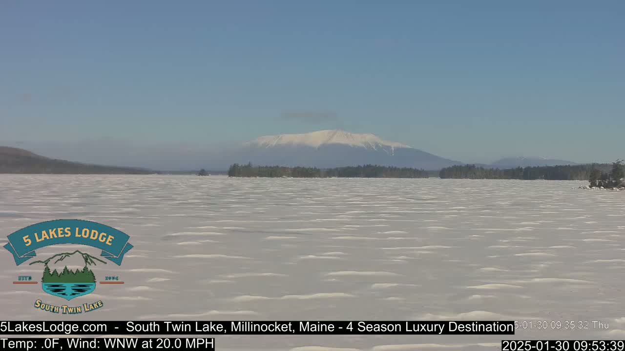 A snow-covered lake stretches to a snow-capped mountain range under a clear blue sky, with a 20 mph wind blowing from the west-northwest.