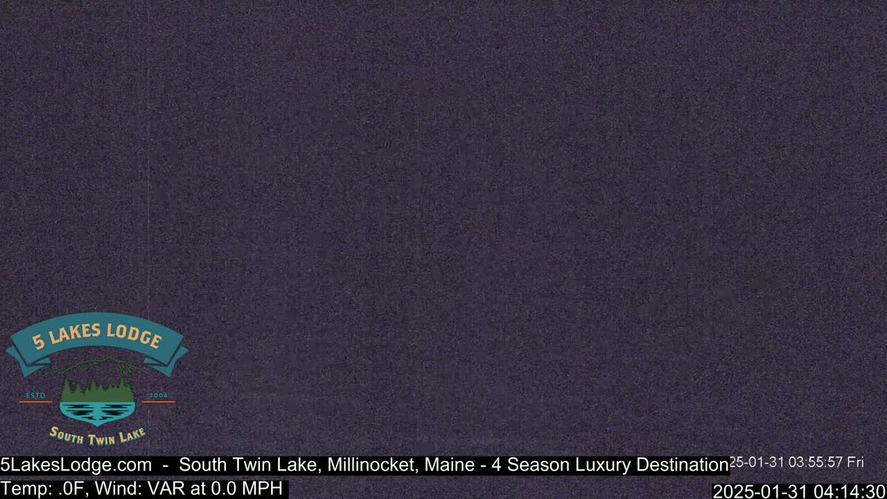 A dark purple screen displays a logo for 5 Lakes Lodge at South Twin Lake.