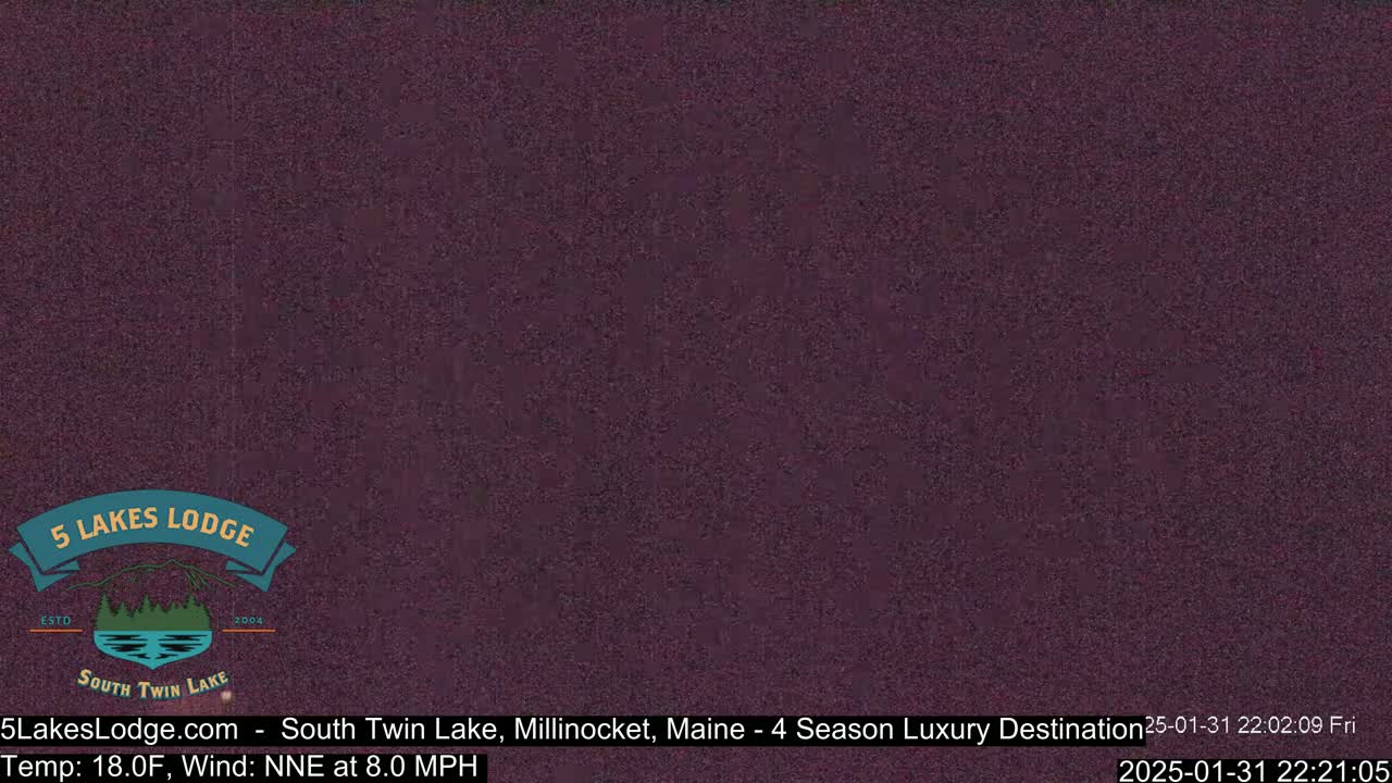 A dark purple screen displays a logo for 5 Lakes Lodge.