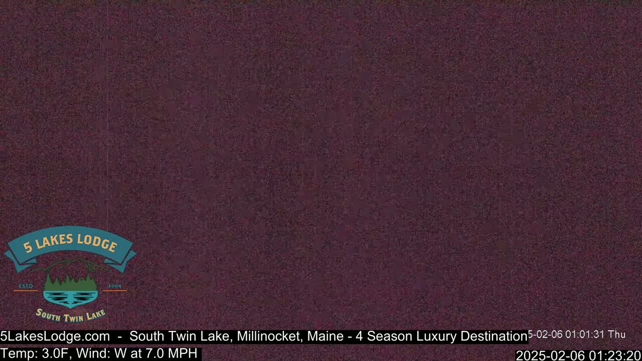 A dark purple screen displays a logo for 5 Lakes Lodge at South Twin Lake.