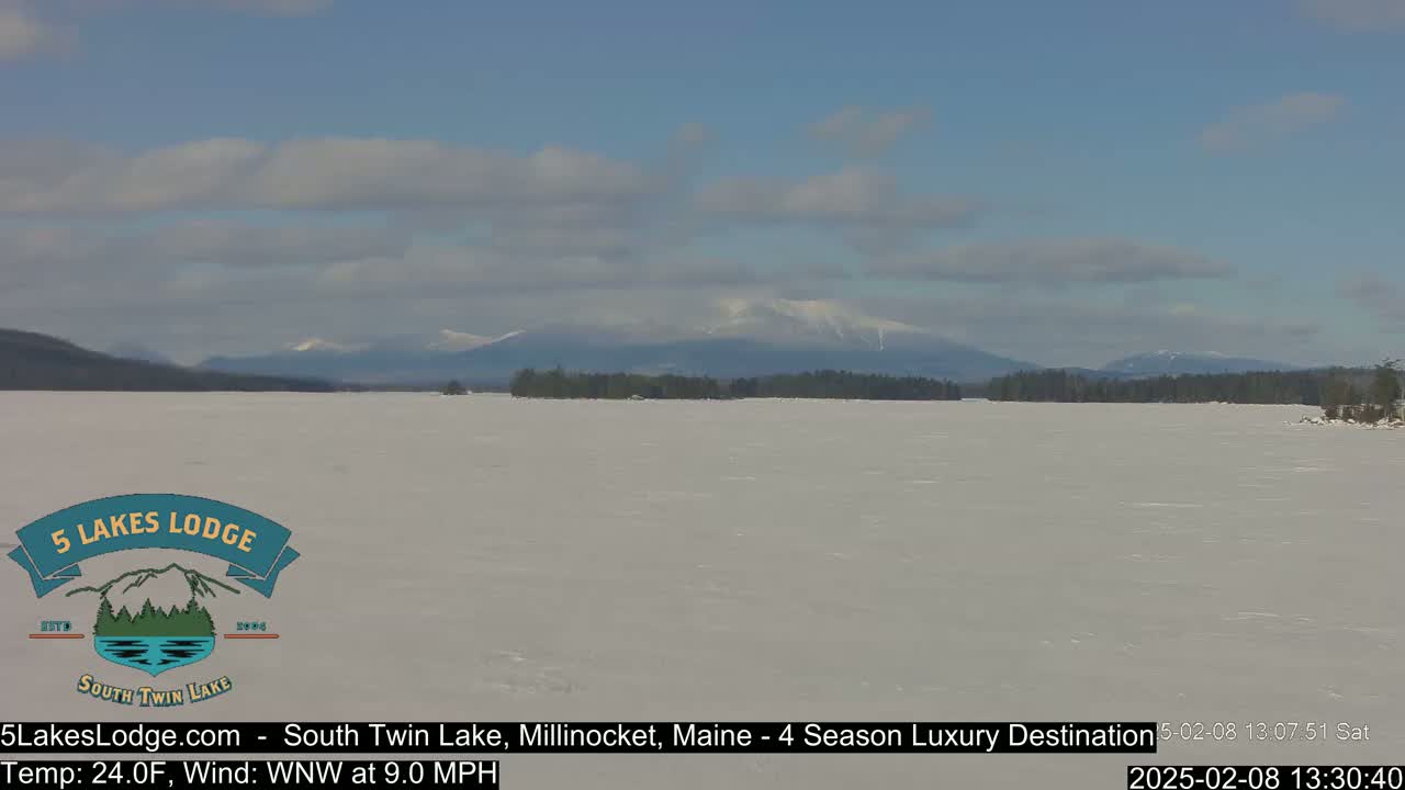 A snow-covered lake stretches to distant, snow-capped mountains under a partly cloudy sky.
