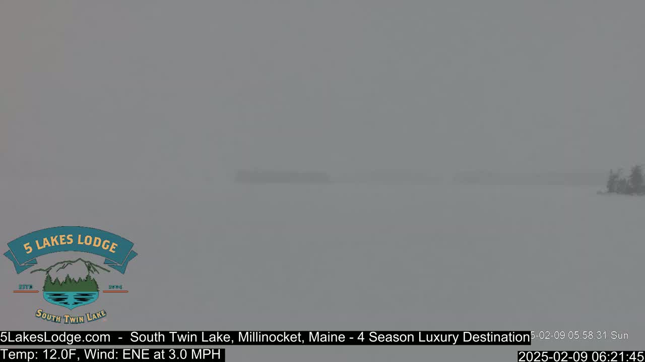 A snowy, overcast landscape shows a lake with a distant shoreline.