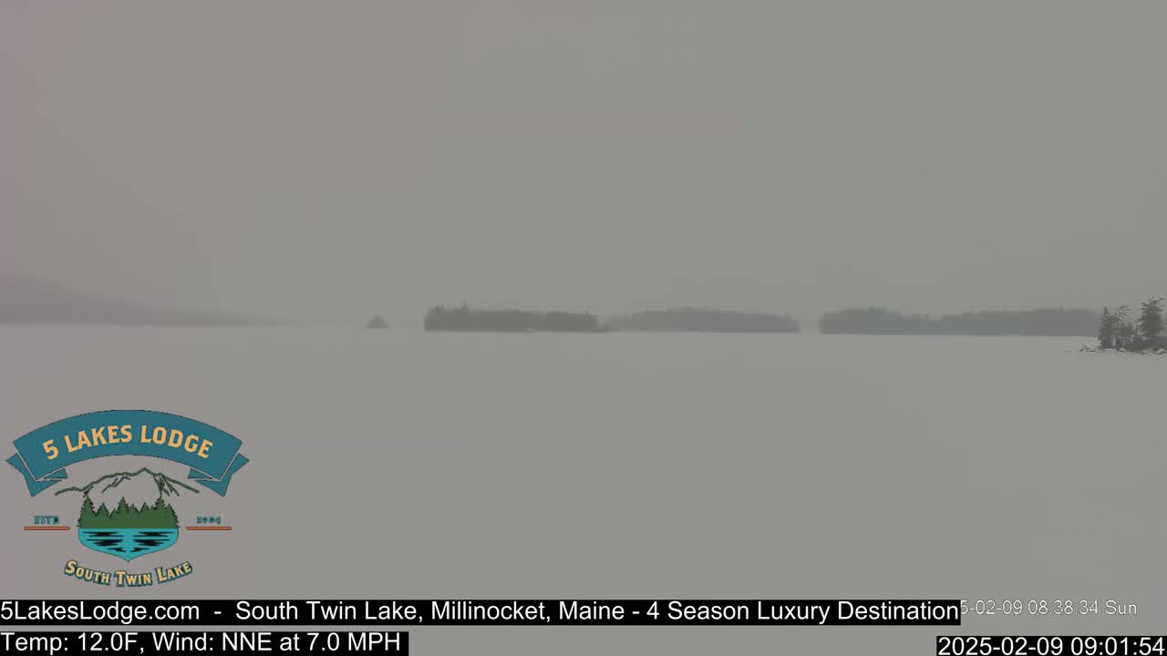 A snow-covered lake with distant tree lines is visible under heavy snowfall.