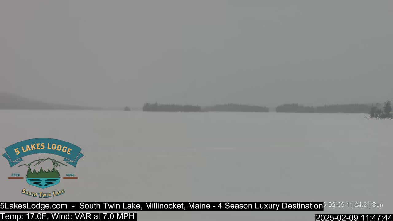 A snow-covered lake is visible, with a distant shoreline of dark trees under a hazy, overcast sky.