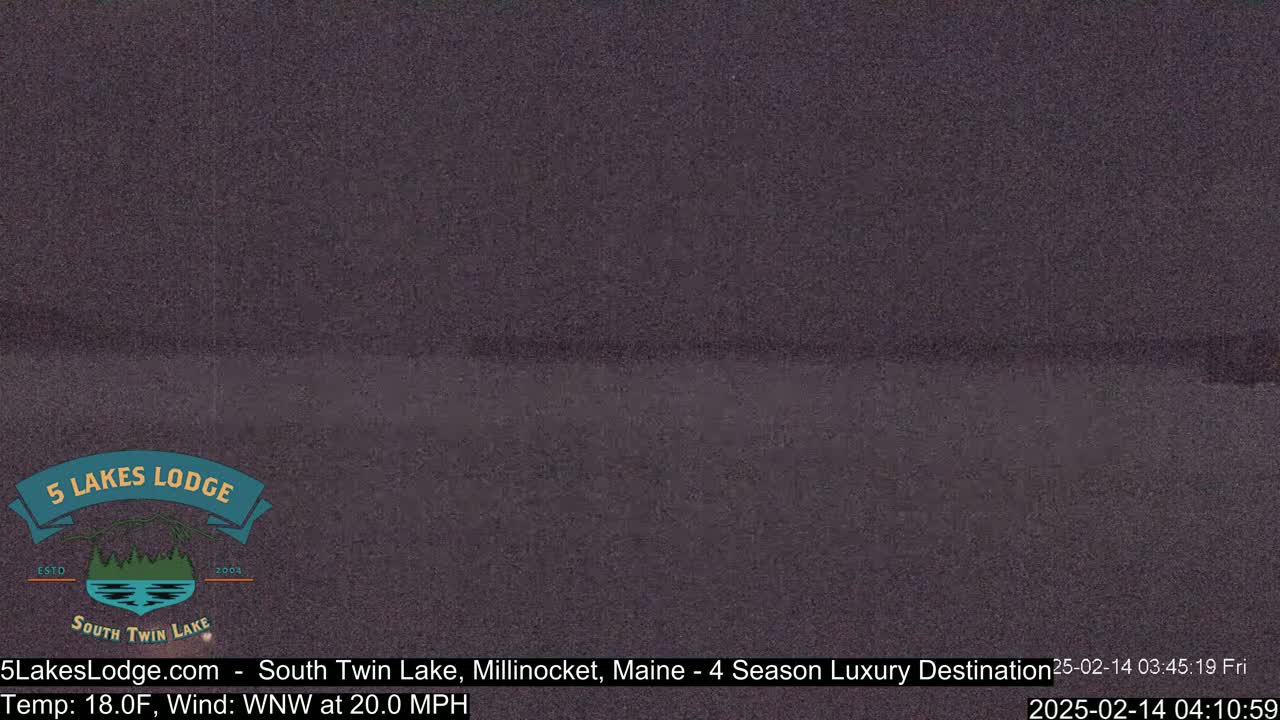 A dark, blurry image of a lake at night, with a wind of 20 mph and a temperature of 18°F.
