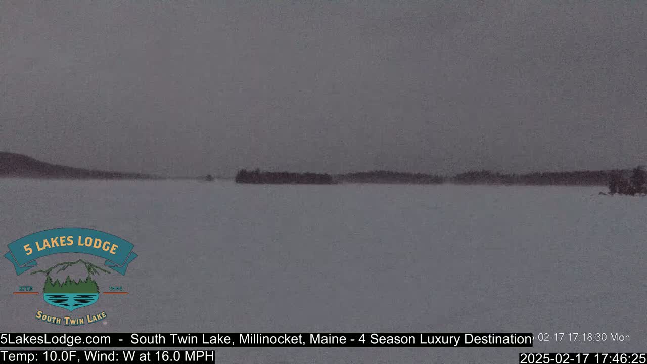 A snow-covered lake is visible, with a dark treeline in the distance under a gray sky.