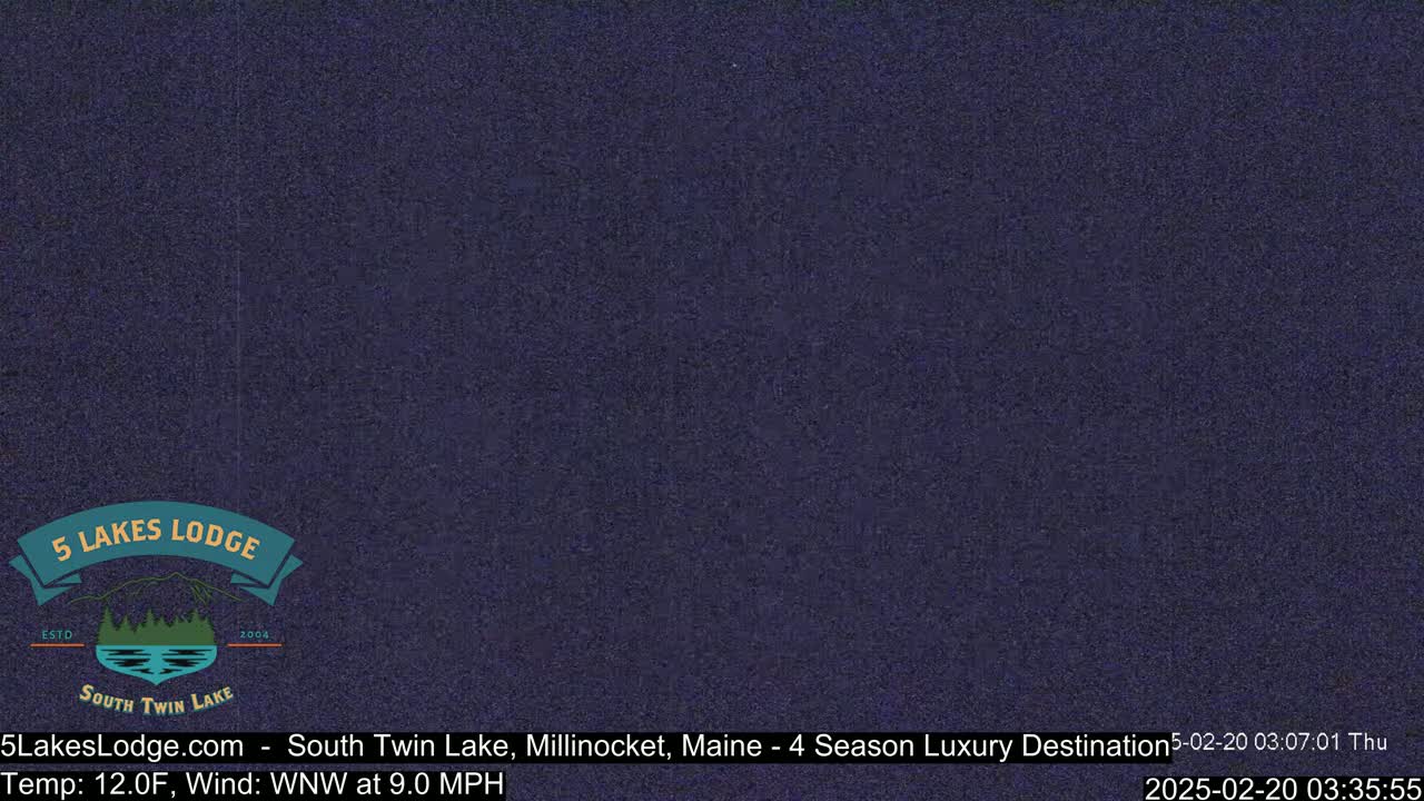A dark blue, nighttime image shows a solid color with a logo for a lodge in the lower left.