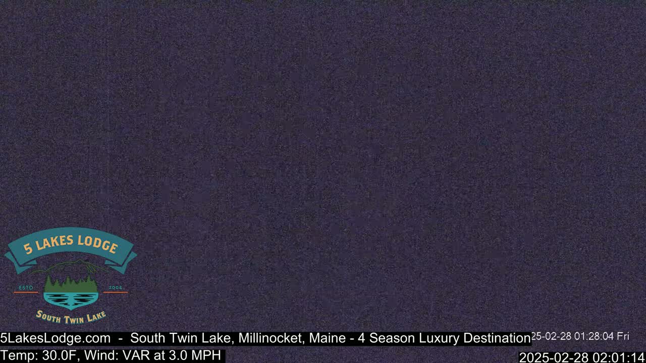 A dark purple screen displays a logo for 5 Lakes Lodge at South Twin Lake.