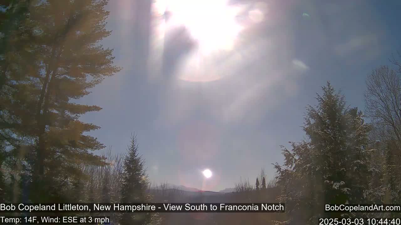 A bright sun shines in a mostly clear sky above a snow-dusted landscape of evergreen trees.